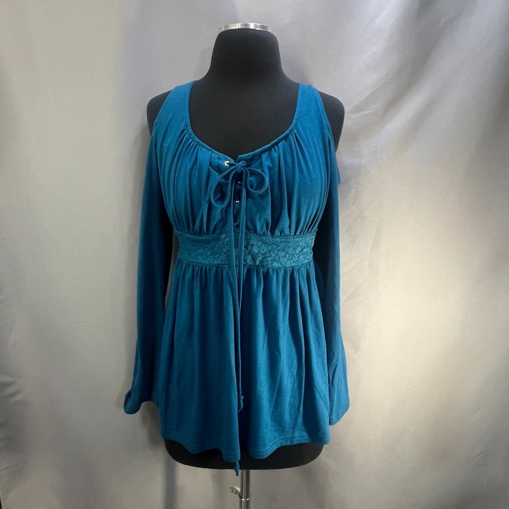 Mooncolour Cold Shoulder Lace Up Tunic Top Womens Medium Blue Cotton Everyday